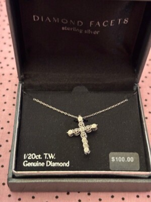 Diamond Facets Brand 1/20ct Genuine Diamond Cross w/18''Sterling Silver Chain NEW