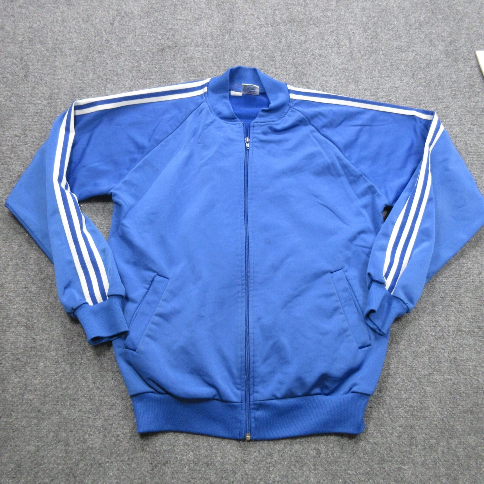 Giacca Track Vintage Uomo Blu Medio 3 Righe Manica Lunga Coach Full Zip Anni 70