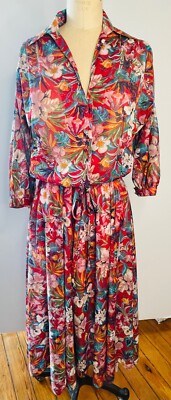 VTG 80'S SAMUEL  BLUE PRED BLUE BOLD LEAF FLORAL PRINT SECRETARY SHIRT DRESS*S/M