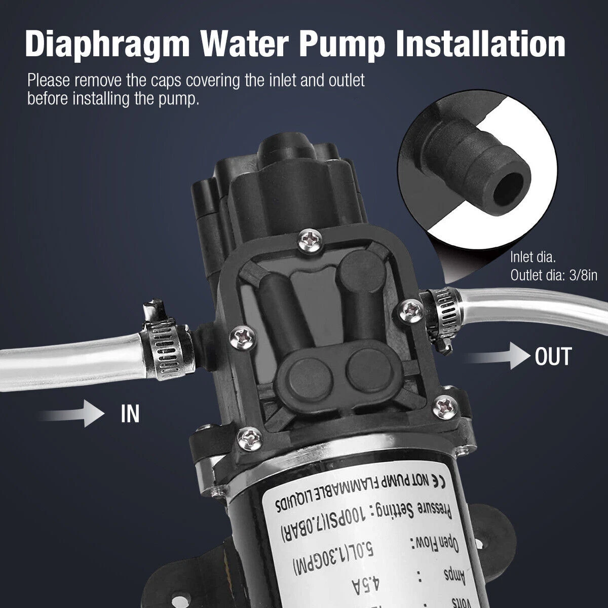 70W DC 12V 130PSI 6L/Min Water High Pressure Diaphragm Self Priming 70W DC 12V 130PSI 6L/Min Water High Pressure Diaphragm Self Priming