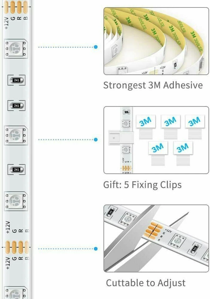 5M RGB 5050 Waterproof LED Strip light SMD 44 Key Remote 12V US Power Full Kit - Image 4 of 4