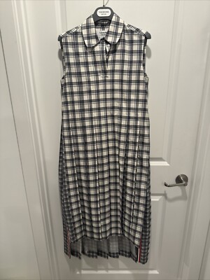 thom browne gingham dress Women's Gingham Satin Ribbon Tweed Shift Dress in Rwbwht Size 40