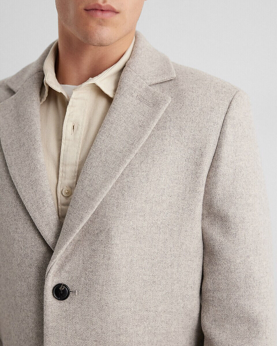 NEW EXPRESS $298 OATMEAL NOTCH COLLAR WOOL BLEND TOPCOAT NEW EXPRESS $298 OATMEAL NOTCH COLLAR WOOL BLEND TOPCOAT