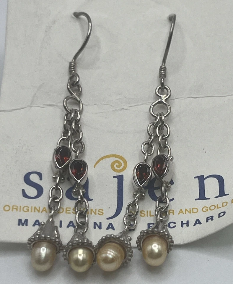 Sajen Sterling Silver Drop Earrings with red stones & Pearls - Image 2 of 3