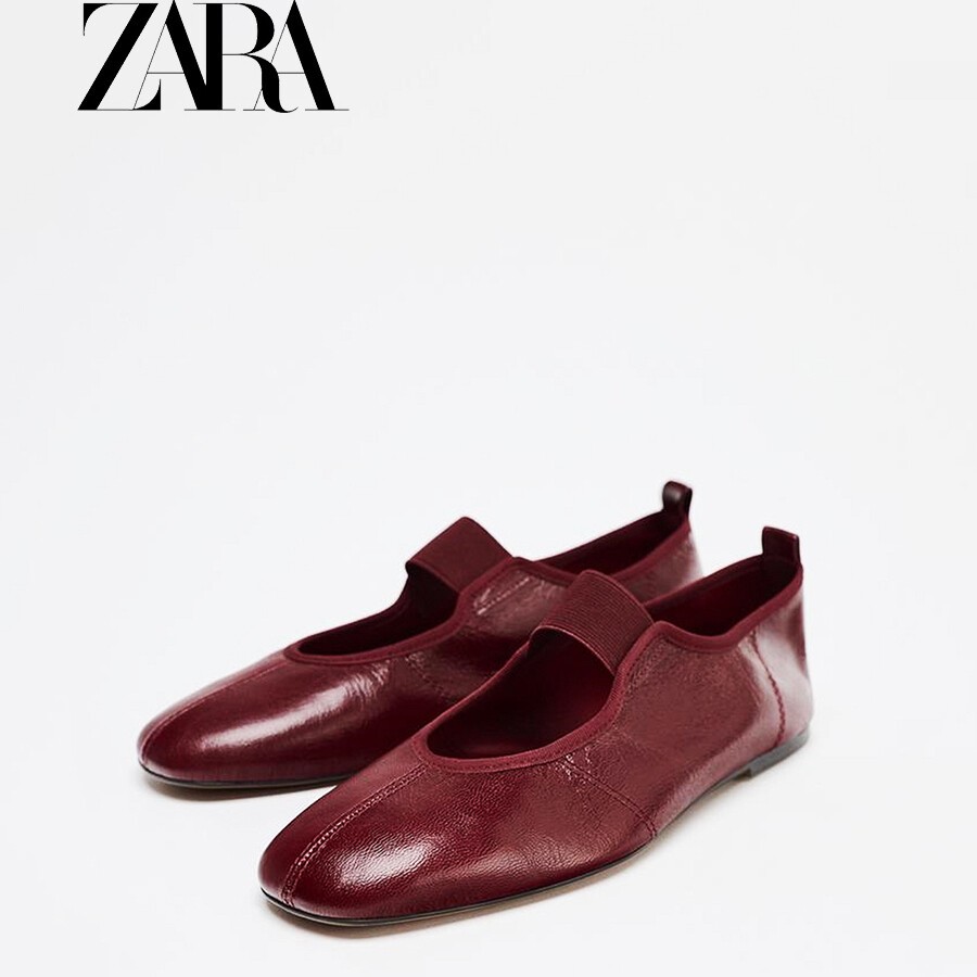 ZARA Women's Shoes 2025 Summer, Elastic Leather Round Head Soft Ballet Flats