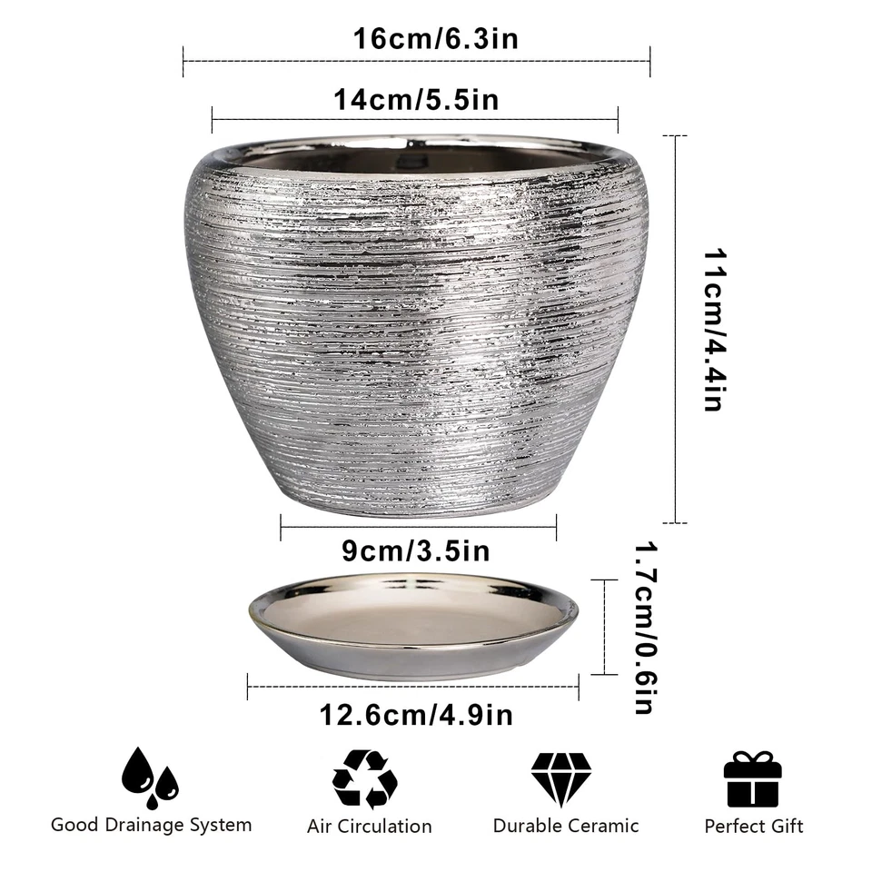 Maceta de cerámica - Maceta de 6 pulgadas interior con orificio de drenaje y platillo exterior... Foto 3 de 4