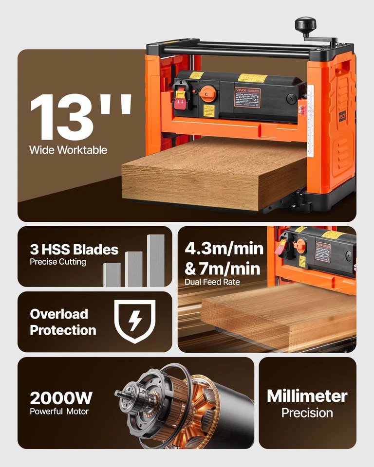 VEVOR Dickenhobel Hobelmaschine Hobel 2 Gang Tischhobel 3 Klingen 2000W 330mm - Bild 2 von 4