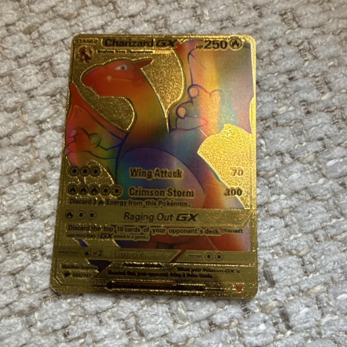 Charizard GX Full Art Gold Metal Pokémon Card 250 HP 150/147