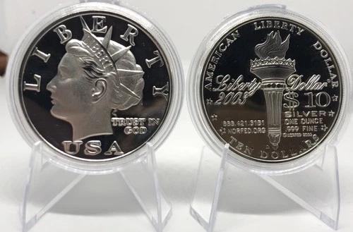 2003 Silver 1 oz NORFED Liberty $10 Proof Like Variant 8.5 Big E Long Hair Rare!