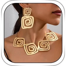 Gold Geometric Necklace & Earrings Set Dayana Statement Square Pendant Jewelry