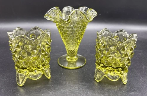 VTG Lot Of 3 Fenton Hobnail Glass  Mini Vase Toothpick Holders Green