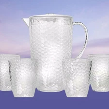 NEW NIB PLASTIC HAMMERED WATER JUICE KOOLAID PITCHER WITH 4 MATCHING CUPS SET 