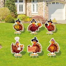 Thanksgiving Yard Sign Outdoor Turkey Stakes Fall Harvest Lawn Decor 6Pc