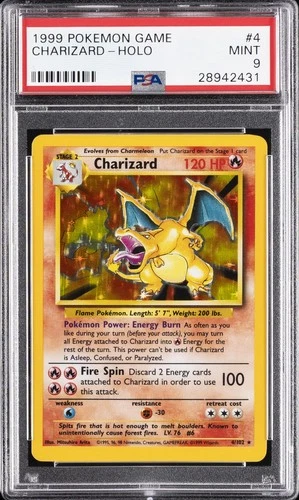 PSA 9 graded 1999 Base Set Charizard holo in a PSA slab