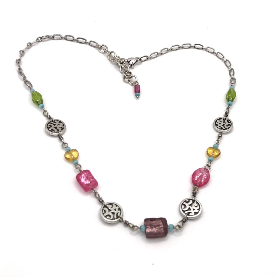 Brighton Chain Necklace Colorful Beads Silver Plate 20" Cute Cottagecore Boho - Image 2 of 4