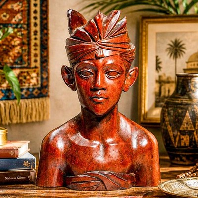 Large Hand Carved Wood Antique Bust Statue Sculpture Indonesia Bali Travel