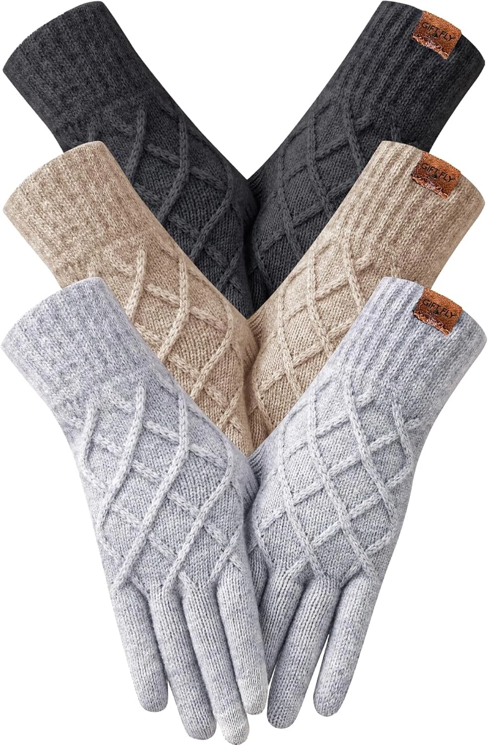 Women 3 Pairs Winter Gloves Touchscreen Elastic Thermal Knit Lining Warm Gloves