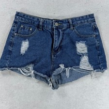 SHEIN Womens Distressed Denim Shorts Medium Wash Blue Frayed Hem Size M