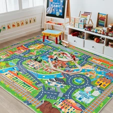Car Rug Play Mat for Kids Toy Cars, Road Traffic Playmat for Kid Bedroom, Non-Sl