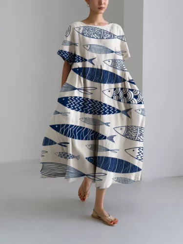 Damen Retro Rundhalsausschnitt Druck Kurzarm Rock Sommer Locker Lang Maxikleid - Bild 17 von 21