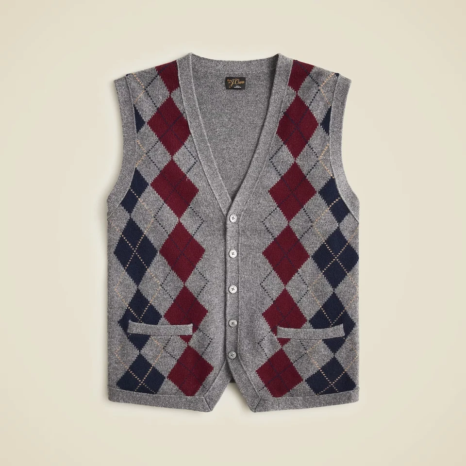 $248 J.Crew 100% Cashmere Cardigan Sweater-vest In Argyle, Gray Navy Maroon, L - Image 2 of 4