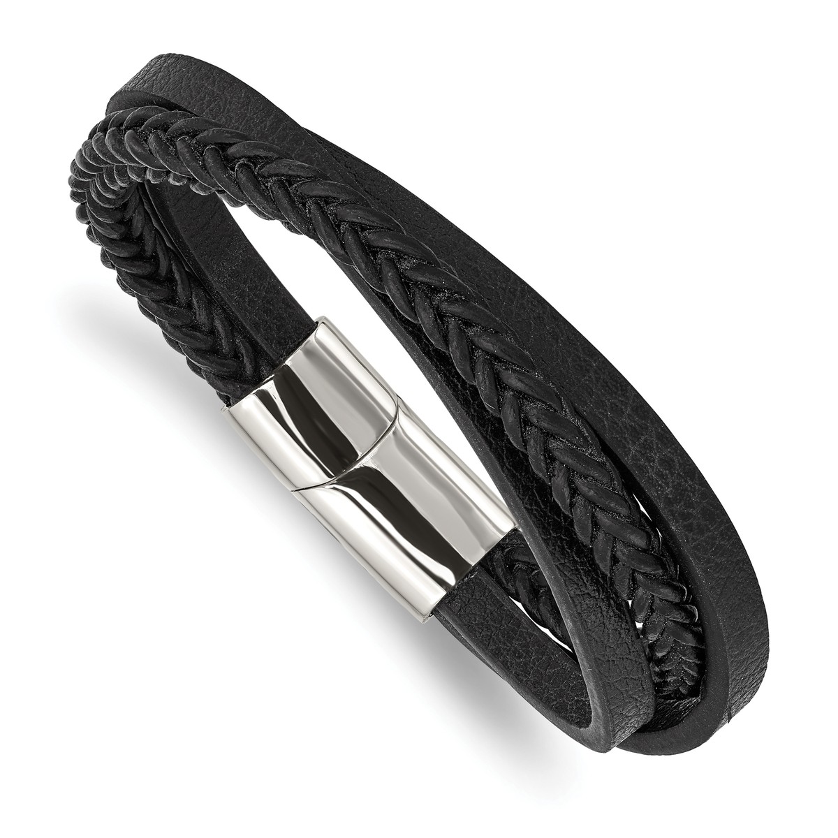 Stainless Steel Multi Strand Chain and Black Leather 8.25 Stainless Steel Multi Strand Chain and Black Leather 8.25