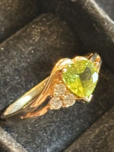 Anello oro 10 kt peridoto cuore pietra 1,5 carati con diamanti misura 7 agosto pietra nascita - Foto 3 di 11