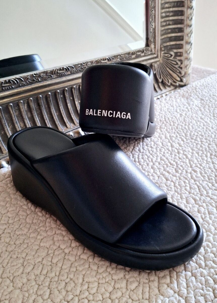 BALENCIAGA Rise Black Lambskin Wedge Slide Platform Sandals BALENCIAGA Rise Black Lambskin Wedge Slide Platform Sandals