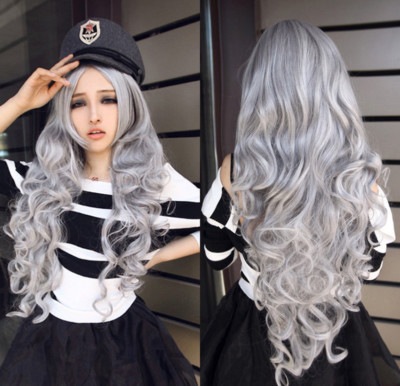 Fashion Sexy Long Gray Grey Curly Women Lady Cosplay Anime Hair