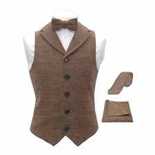 Luxury Herringbone Brown Tweed Waistcoat  Bow Tie, Tie  Pocket Square