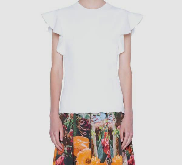 $495 Akris Punto Women's Solid White Jewel Neck Flounce Sleeve