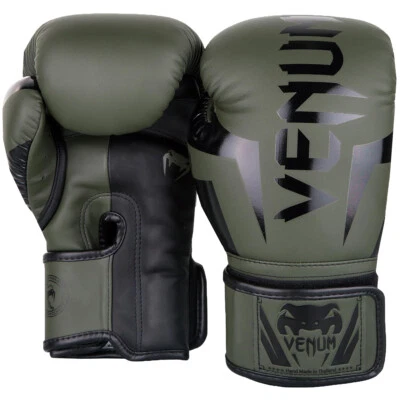 Venum Elite Skintex Leather Hook and Loop Training Boxing Gloves - Khaki/Black
