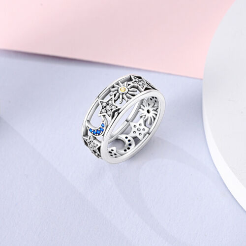 MULA European Hollow Sun Moon Finger Ring AAA CZ Fit Women Jewelry Silver Plated - Picture 5 of 7