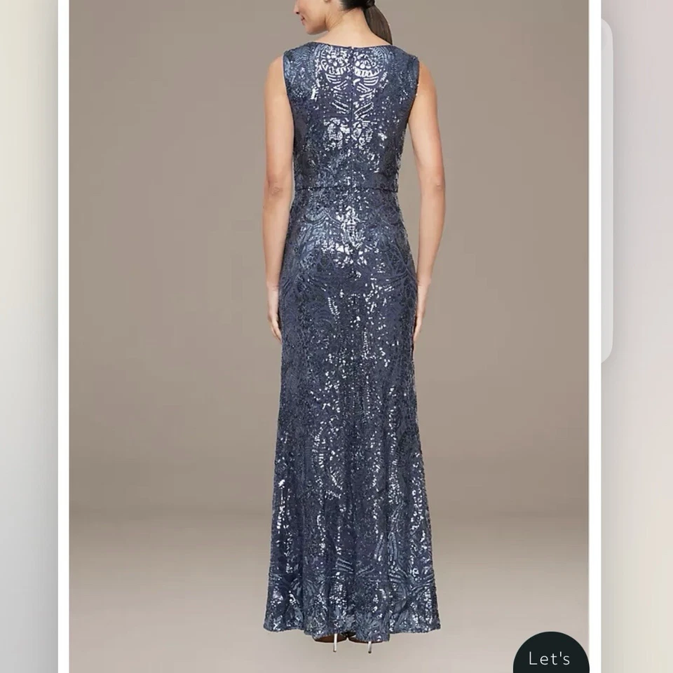 Maxi Vestido Mantón Alex Evenings Azul Púrpura Lentejuelas Sin Mangas Talla 10 Foto 2 de 4