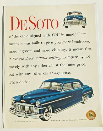 1949 De Soto Print Ad The Car Designed With You In Mind 10.5 x 14 1940s Car Ad - 第 1/1 張圖片