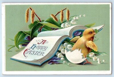c1910's Easter Book Hatched Egg Chick Cattails Flowers Clapsaddle Postcard