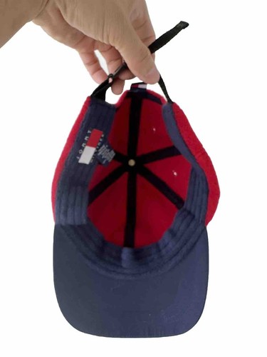 VTG 90s Tommy Hilfiger Vintage Coldstop Strapback Hat Cap Red Fleece Blue Brim - Picture 4 of 7