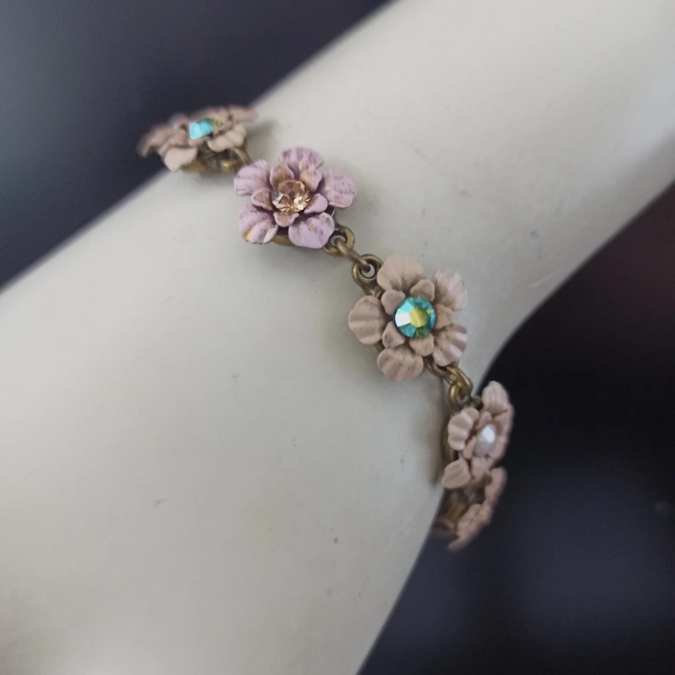 Michal Negrin Bracelet Pastel Pink/Peach/Beige Enamel Flowers Romantic Crystals - Image 4 of 4