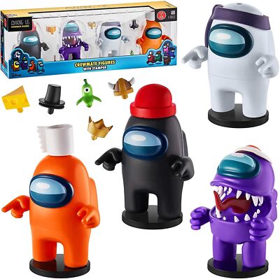 Among Us Crewmate Stamper 4pk Black White Purple Orange 5'' Figure Astronaut Set
