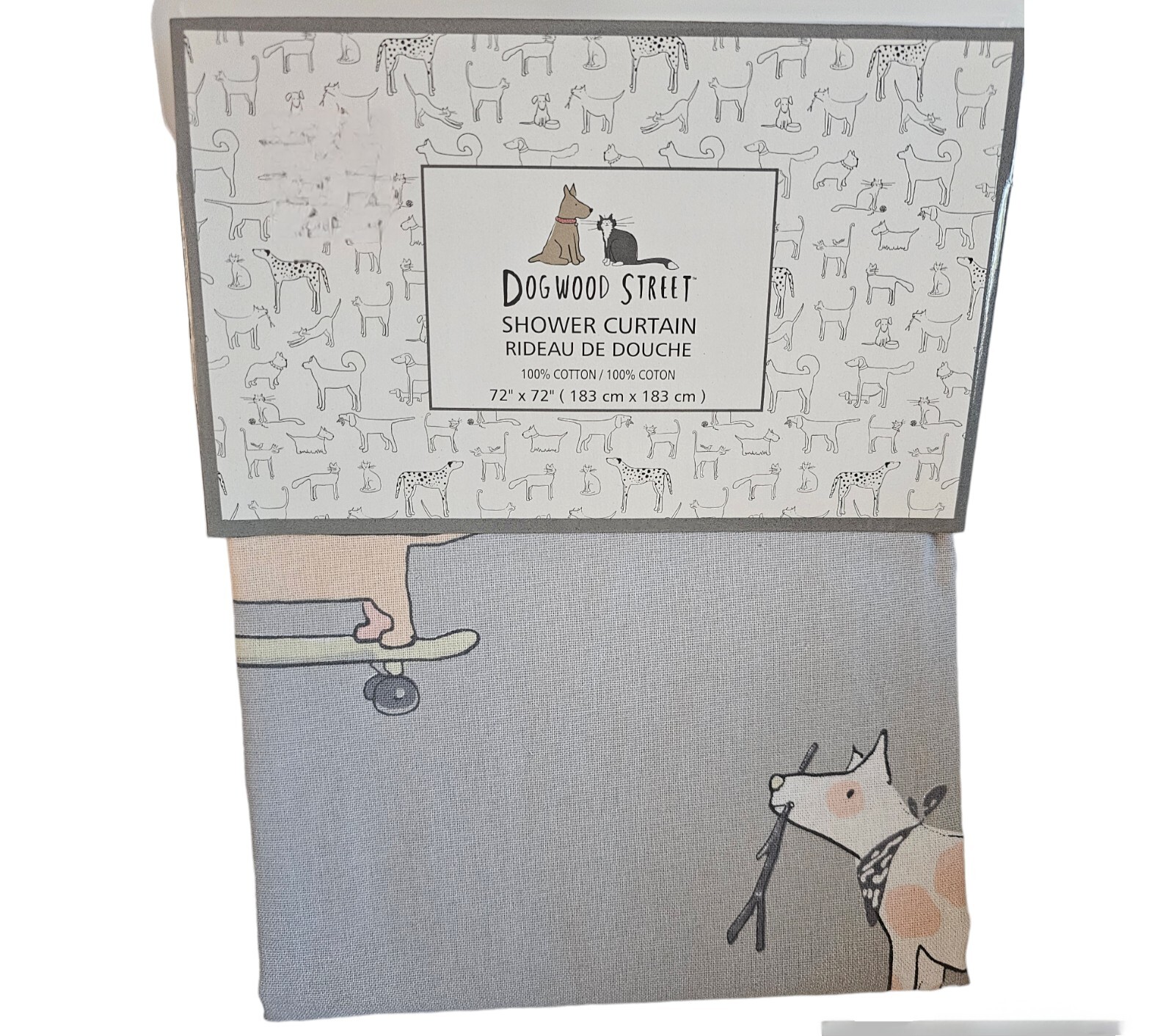 Dogwood Street Shower Curtain 72x72 100 Cotton Grey w/Dog Pattern New
