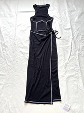 ASOS dress black white ribbed womens 6 sleeveless faux wrap maxi long contrast