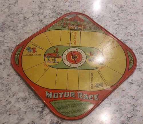 1920’s Painted Tin Wolverine Motor Race/Checkers Lithograph Board RARE w/Spinner