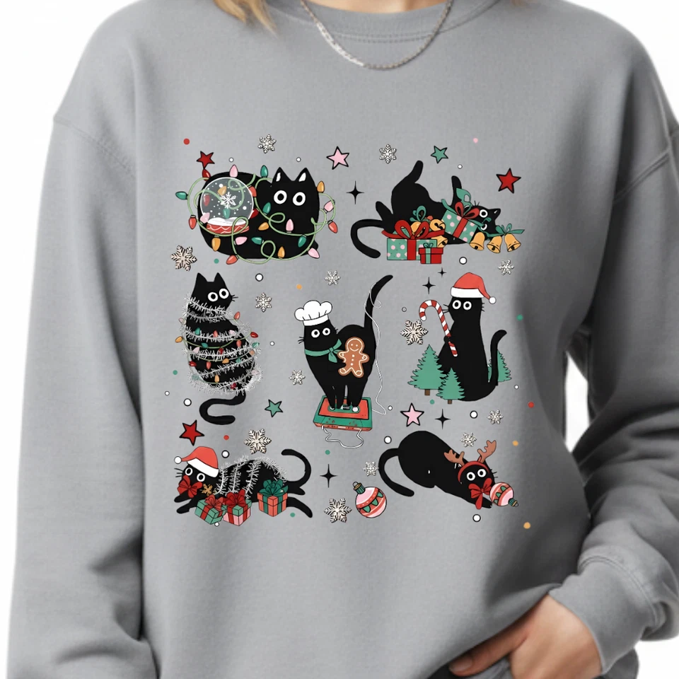 Смешной кот Рождественская футболка, милый праздник толстовка, праздничный любитель кошек подарок футболка - Изображение 4 из 4