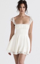 HOUSE OF CB Ivory Solid Lace Ruffle Fit & Flare Mini Square Neck Cap Sleeve S