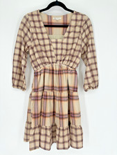 Cato A Line Dress Size SM Tan Multi Plaid Tiered Stretch 3/4 Sleeve Boho Mini