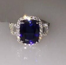 3.20Ct Cushion Cut Lab Created Sapphire Halo Women's Ring 14k White Gold Plated