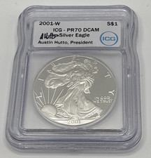 2001 W $1 American Silver Eagle 1oz ICG PR70DCAM Austin Hutto Signed