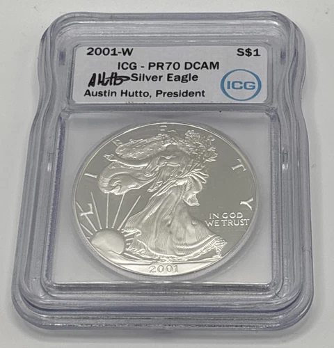2001 W $1 American Silver Eagle 1oz ICG PR70DCAM Austin Hutto Signed