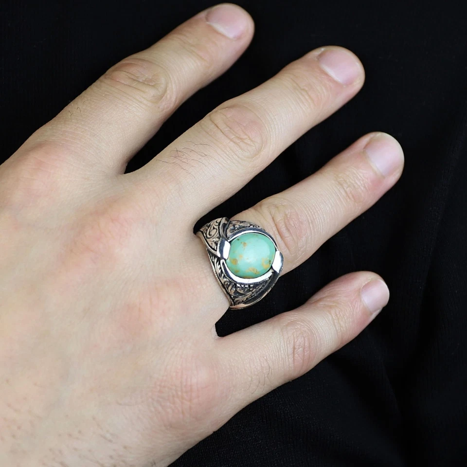 Anillo de piedra turquesa verde natural, anillo otomano grabado hecho a mano para hombre Foto 4 de 4