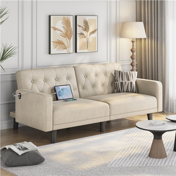 63in Convertible Futon Sofa Bed Couch Bed with USB Ports for Living Room